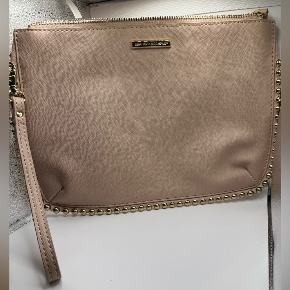 New York & Company Pink Beige Clutch Zippered Purse with Metal Studs 8" X 11"
